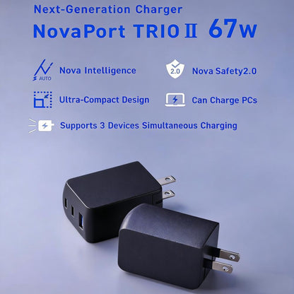 67W Ultra-Compact 3-Port Charger (2 USB-C + 1 USB-A) with Automatic Power Allocation