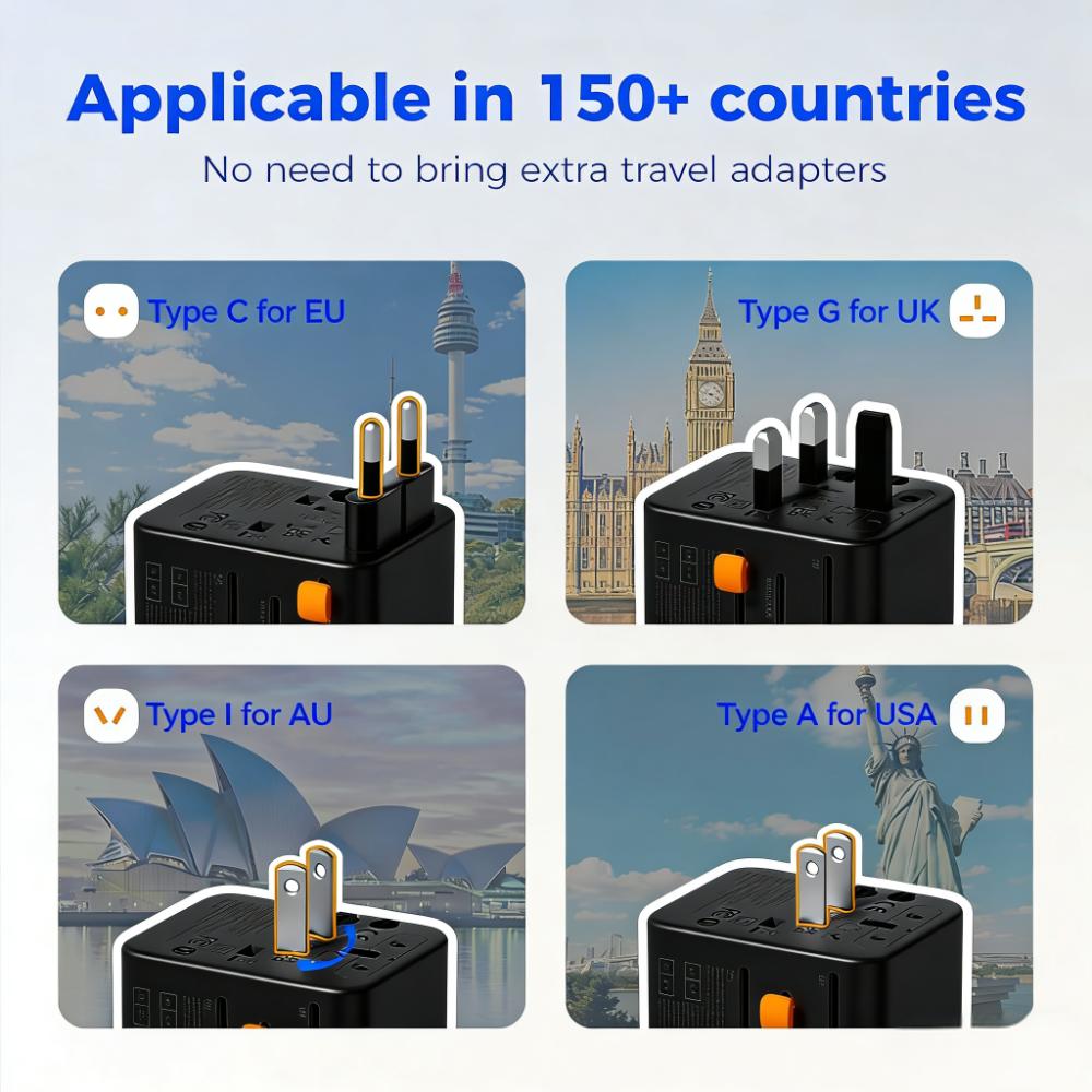 7-in-1 Universal Travel Adapter (3 USB-C + 2 USB-A) for 150+ Countries