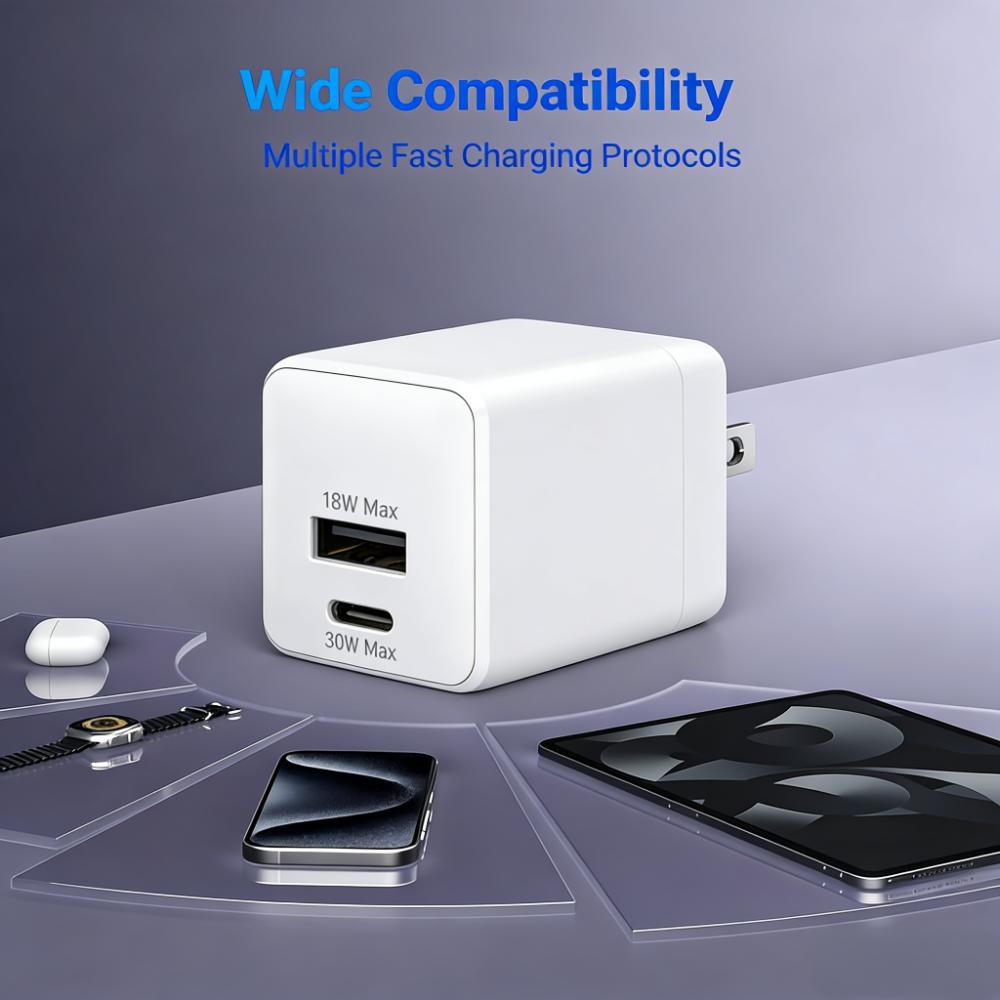 30W GaN 2-Port Charger (USB-C + USB-A) with Foldable Plug