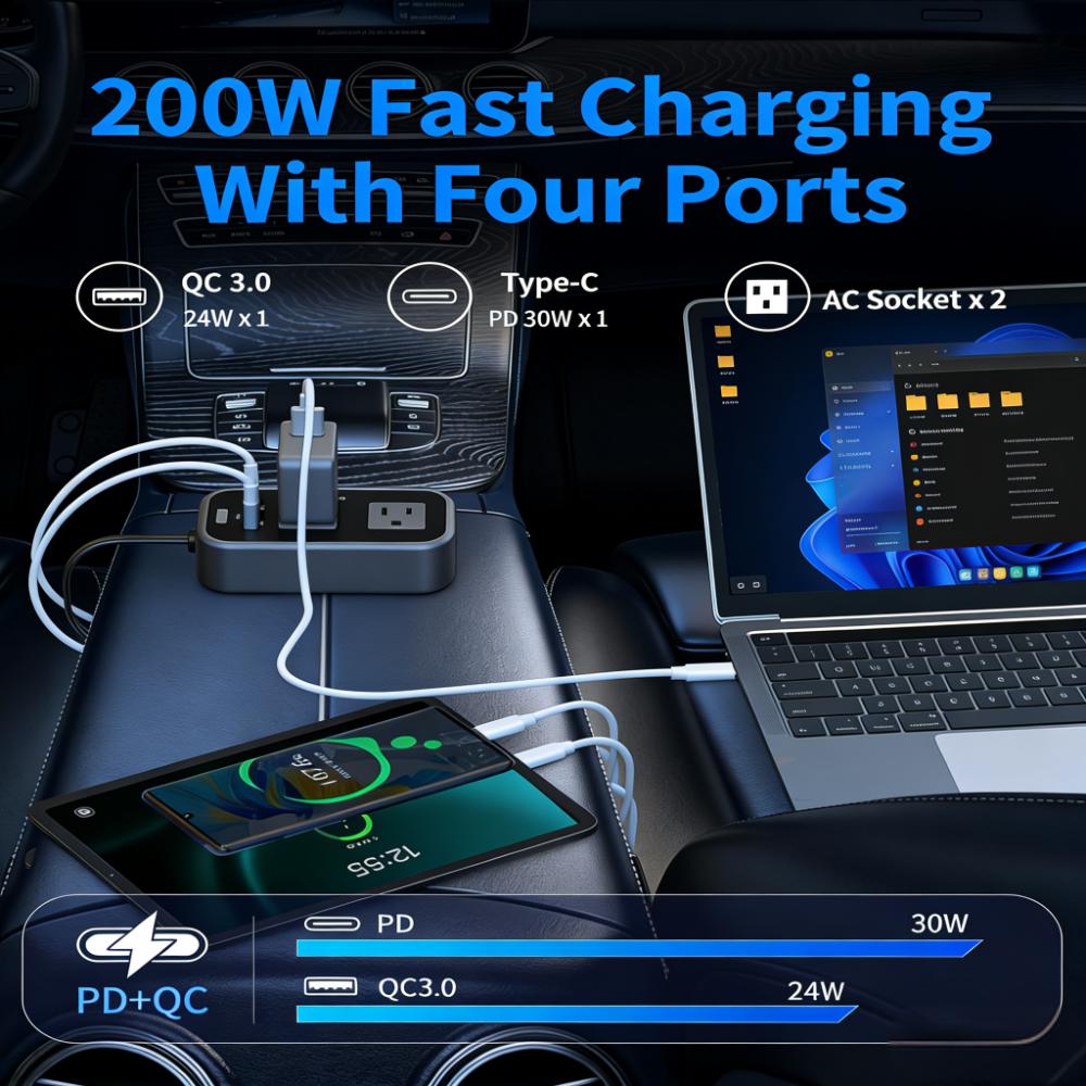 200W Portable Car Power Inverter with 4-Port Fast Charging (2 AC + 1 USB-C + 1 USB-A)