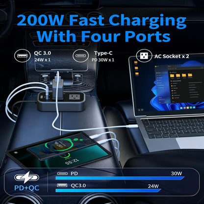 200W Portable Car Power Inverter with 4-Port Fast Charging (2 AC + 1 USB-C + 1 USB-A)