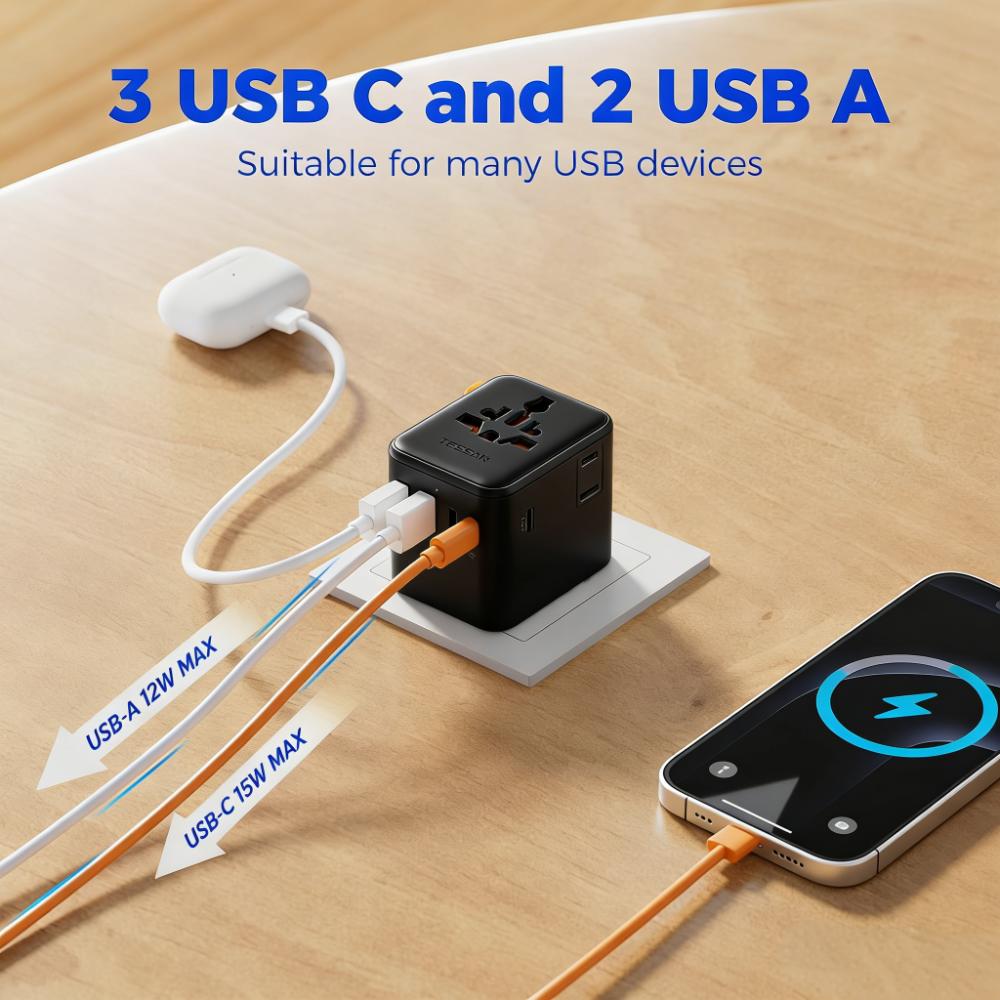 7-in-1 Universal Travel Adapter (3 USB-C + 2 USB-A) for 150+ Countries