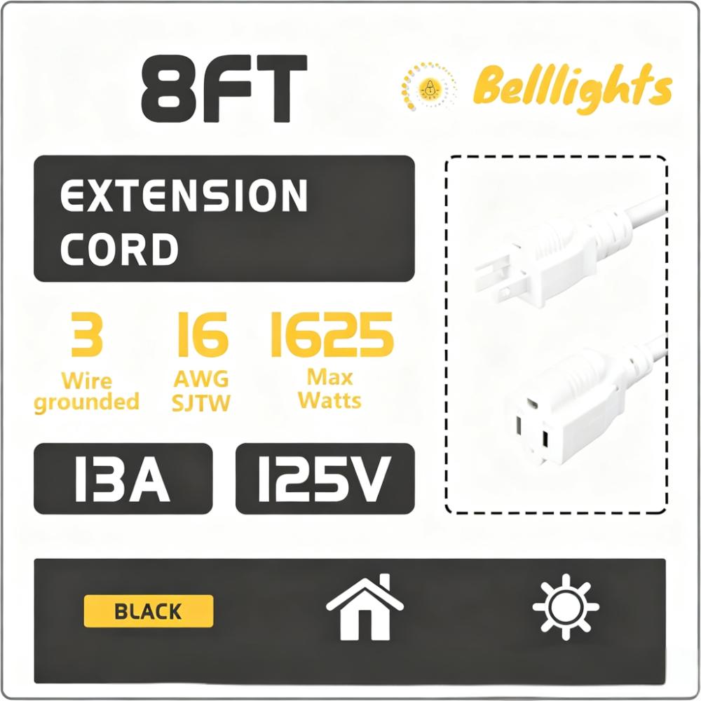8FT Weatherproof 3-Prong Extension Cord (16AWG, 1625W Max)