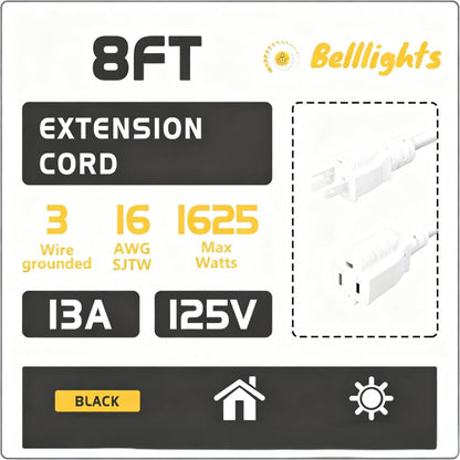 8FT Weatherproof 3-Prong Extension Cord (16AWG, 1625W Max)