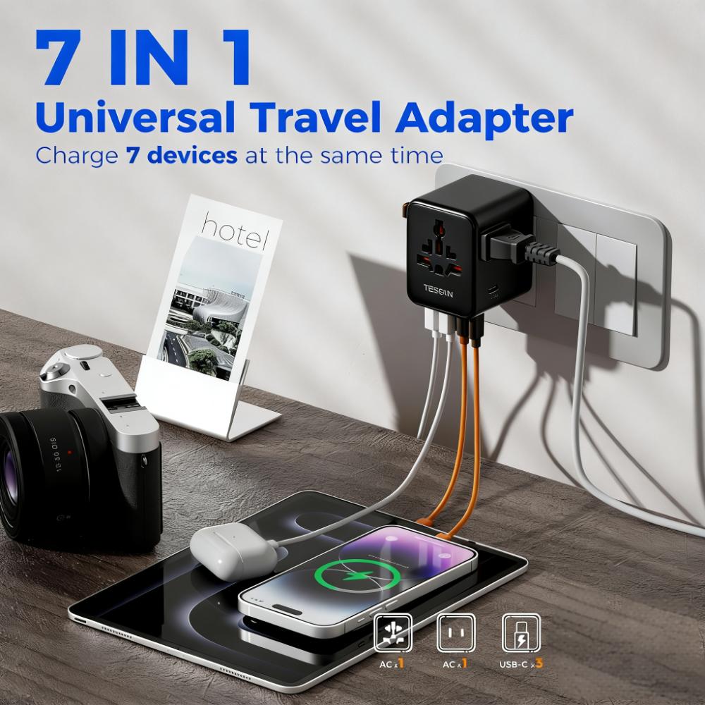 7-in-1 Universal Travel Adapter (3 USB-C + 2 USB-A) for 150+ Countries