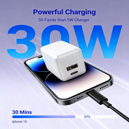 30W GaN 2-Port Charger (USB-C + USB-A) with Foldable Plug